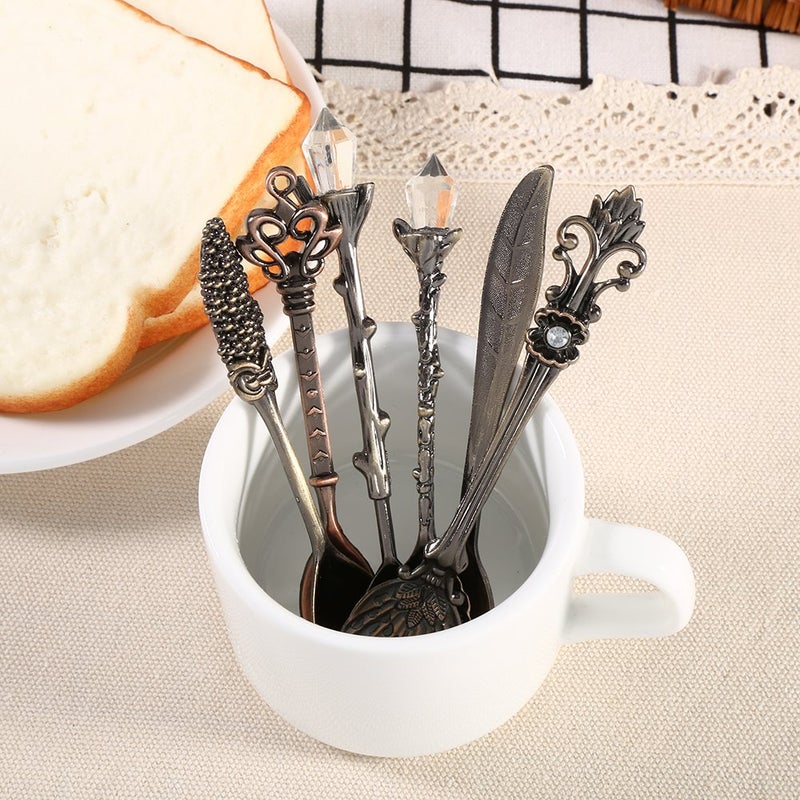 Fdit 6Pcs/Set Flatware Vintage Spoon Dessert Coffee Mixing Spoon Teaspoon Ice Cream Spoon Fruit Fork Royal Metal Mini Carved Tableware Fruit Spoon for Kitchen Dining Sweet - Image 5